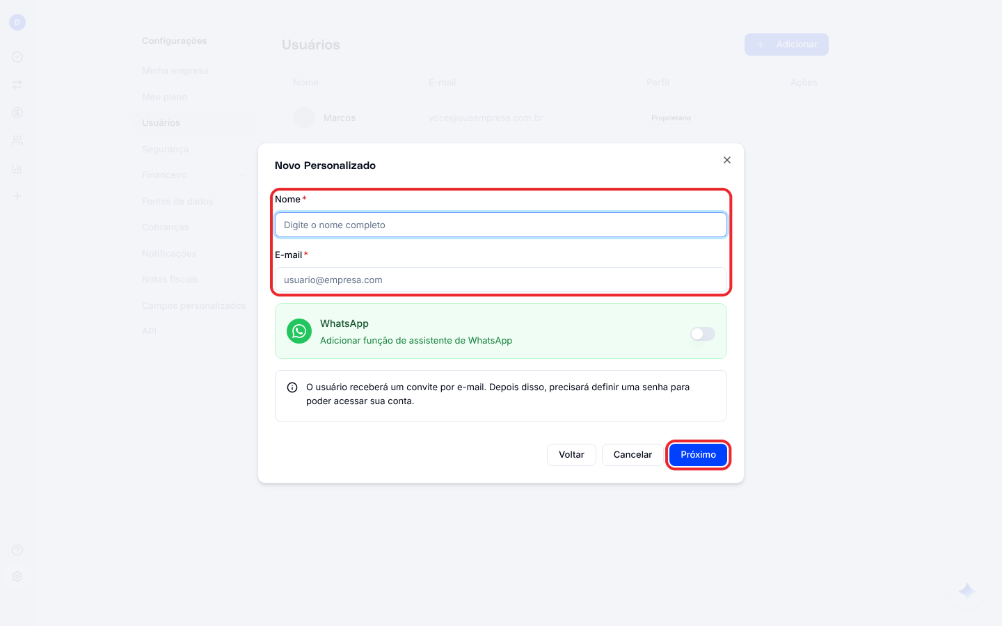 Formulário de novo usuário com perfil Personalizado e o botão Próximo