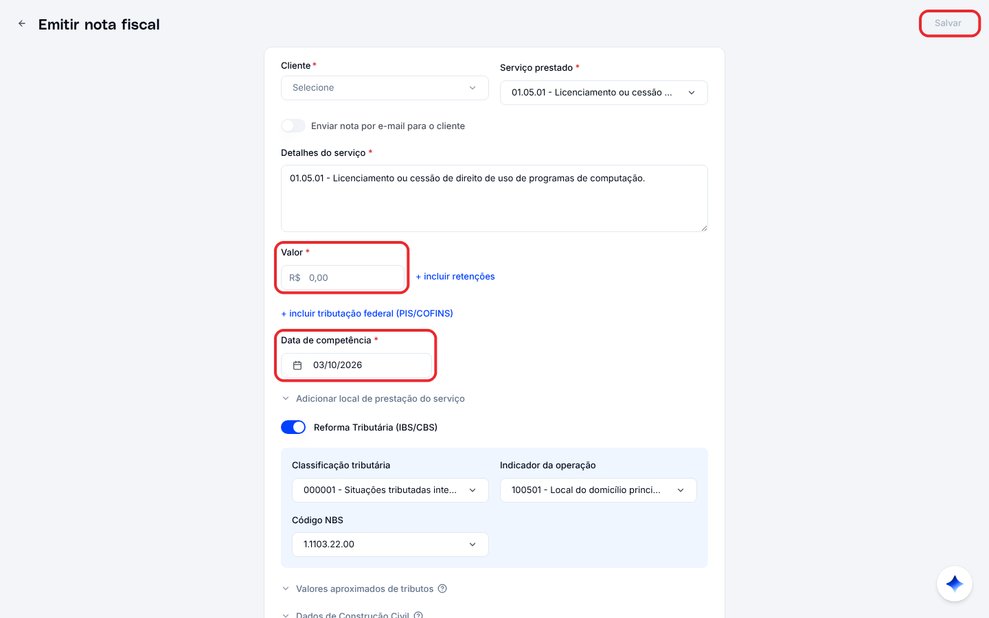 Formulário Emitir nota fiscal com cliente, serviço prestado, detalhes do serviço, valor e data de competência