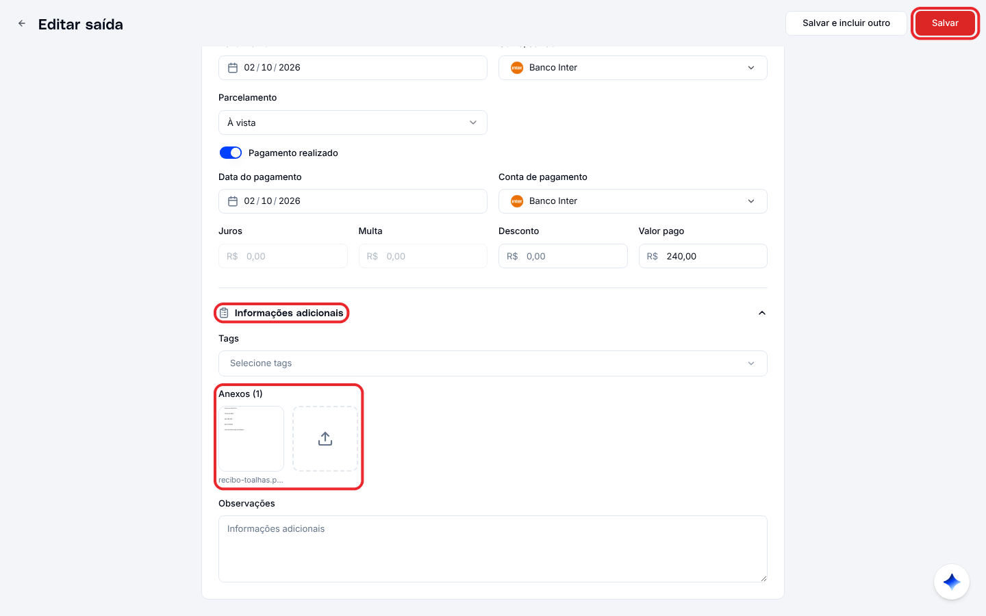 Seção Informações adicionais do formulário, com um arquivo na lista de anexos