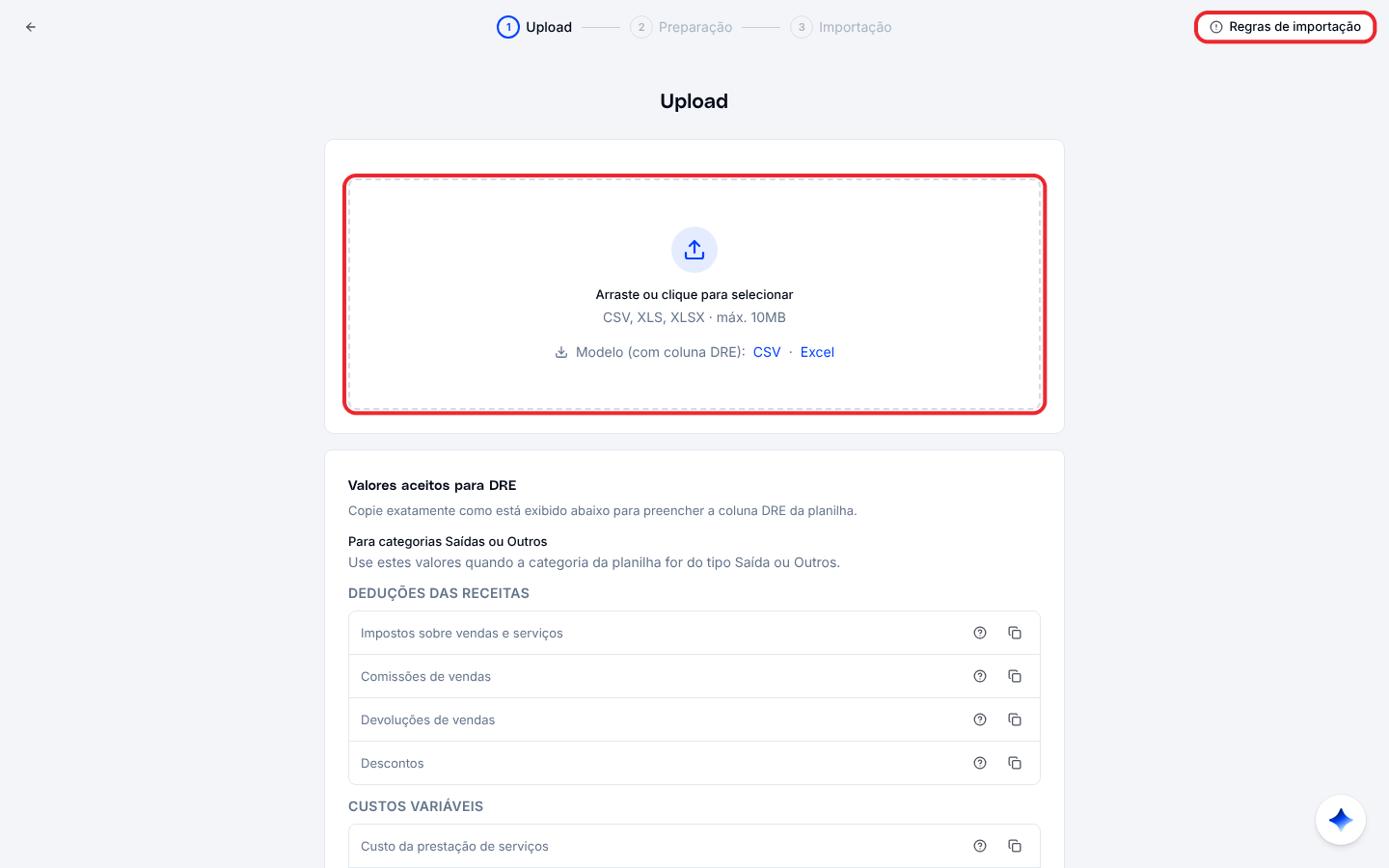 Tela de importação de categorias, com a área de upload, os links do modelo e os valores aceitos para o DRE