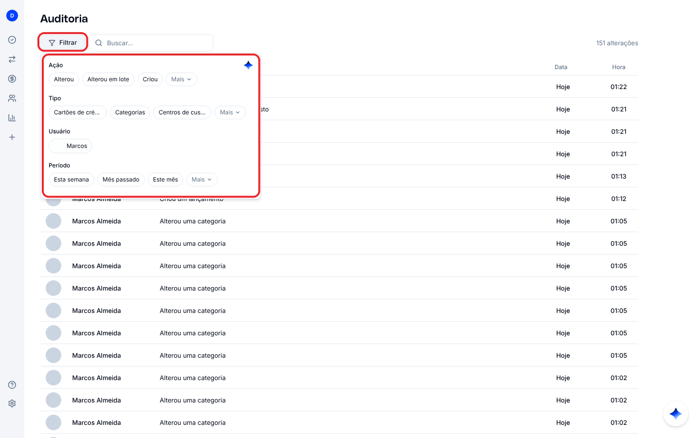 Painel de filtros da Auditoria com ação, tipo, usuário, período e Filtrar com IA