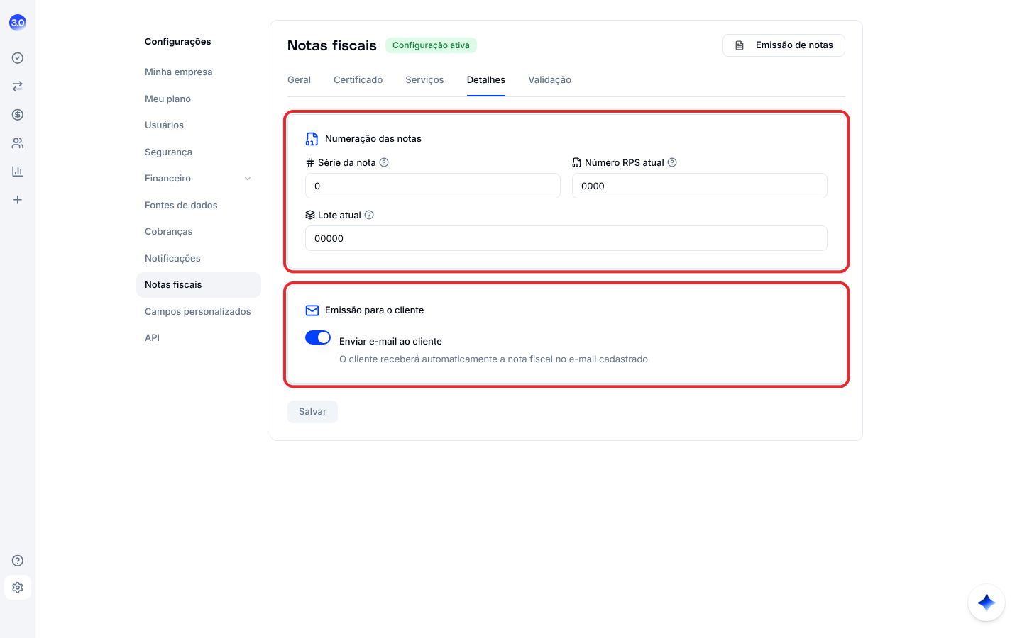 Aba Detalhes com a numeração das notas e a opção de enviar e-mail ao cliente