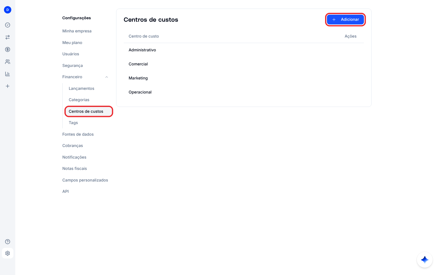 Tela Centros de custos com a lista e o botão Sub centro de custo em cada linha
