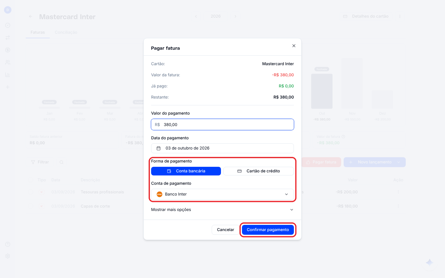 Janela Pagar fatura com valor da fatura, valor do pagamento, data, forma de pagamento e conta