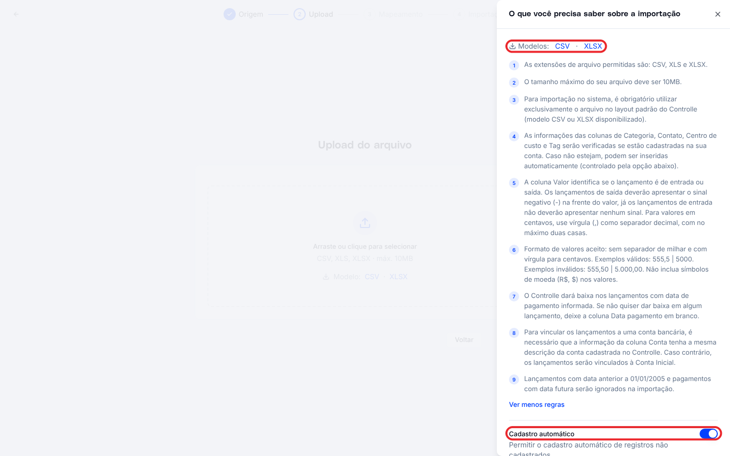 Janela com as regras de importação e a opção de cadastro automático