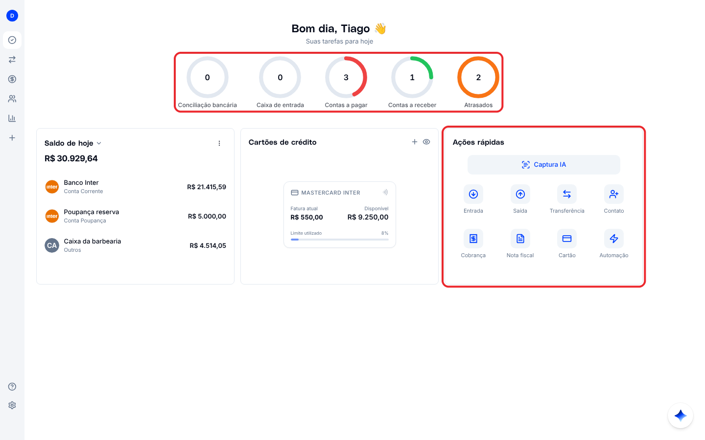 Tela Minhas Tarefas com o bloco Ações rápidas à direita