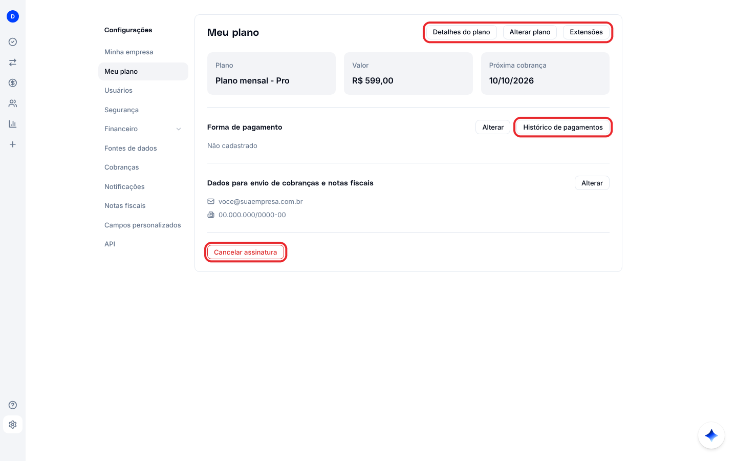 Tela Meu plano com forma de pagamento, histórico de pagamentos, dados de cobrança e o link Cancelar assinatura