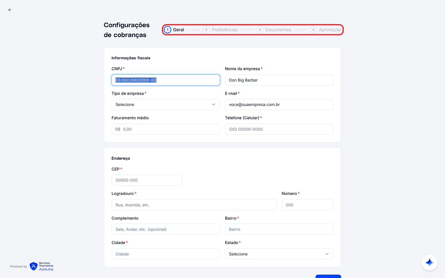 Primeira etapa da configuração de cobranças, com informações fiscais e endereço