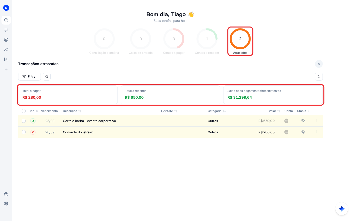Lista Transações atrasadas, com total a pagar, total a receber e saldo após pagamentos e recebimentos