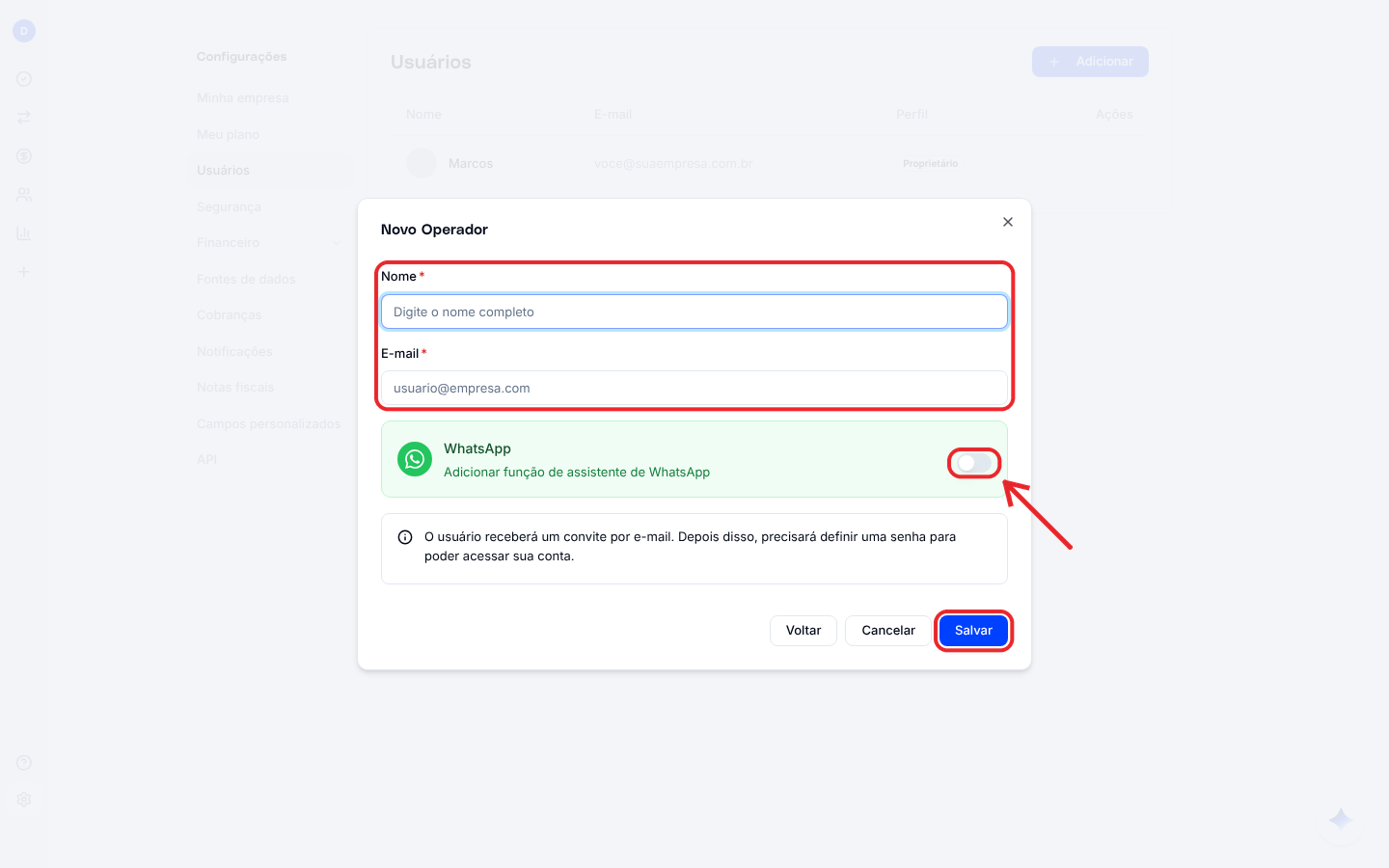Formulário de novo usuário com nome, e-mail, WhatsApp e a função de assistente de WhatsApp
