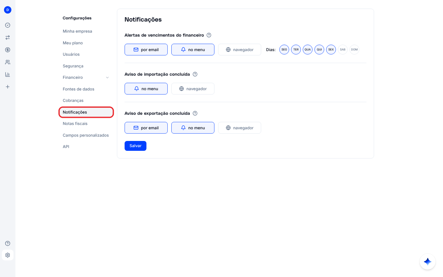 Tela Notificações com os alertas de vencimento e os avisos de importação e exportação